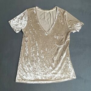 POL Top Women L Champagne Crushed Velvet V-Neck Pocket Tee YES80K Boho Luxe